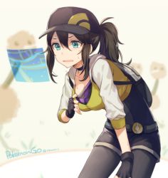 Rule 34 | 10s, 1girl, baseball cap, belt, black gloves, black hair, black pantyhose, blue eyes, blush, breasts, choker, cleavage, clothes pull, commentary request, copyright name, creatures (company), doduo, female protagonist (pokemon go), fingerless gloves, game freak, gen 1 pokemon, gloves, hat, holographic interface, hood, hoodie, leaning forward, leggings, leggings under shorts, long hair, nintendo, open mouth, pantyhose, pokemon, pokemon (creature), pokemon go, ponytail, pulling, shirt pull, shorts, solo, sweat, tomari (veryberry00), twitter username