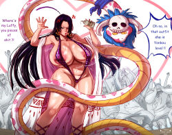 1girl 6+boys angry black_hair blush boa_hancock breasts embarrassed english_text highres huge_breasts long_hair looking_at_viewer mai_arti multiple_boys nipples one_piece ponytail simple_background speech_bubble white_background