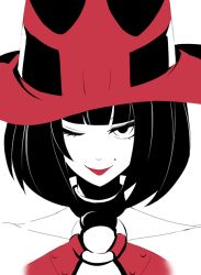 Rule 34 | 1girl, bare shoulders, black choker, black eyes, black hair, bob cut, breasts, choker, cleavage, closed mouth, guilty gear, hat, i-no, large breasts, looking at viewer, mole, mole above mouth, mole under eye, monochrome, o-ring, o-ring top, one eye closed, open mouth, piko (osso), red lips, short hair, simple background, solo, upper body, white background, witch, witch hat