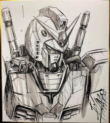 Rule 34 | chinese commentary, felix ip, greyscale, gundam, highres, ink (medium), looking down, mecha, mobile suit, mobile suit gundam, monochrome, no humans, photo (medium), portrait, robot, rx-78-2, rx-78f00, shikishi, signature, sketch, solo, traditional media, v-fin, white background