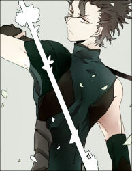 1boy armor bare_shoulders black_gloves black_shirt brown_hair closed_mouth collared_shirt diarmuid_ua_duibhne_(lancer)_(fate) elbow_gloves eyelashes fate/zero fate_(series) faulds fingerless_gloves forehead from_behind frown gloves grey_background hair_between_eyes high_collar holding holding_polearm holding_weapon looking_at_viewer looking_back male_focus petals polearm shirt short_hair simple_background sleeveless sleeveless_shirt solo suou_(sdurorhr) thick_eyebrows toned toned_male upper_body v-shaped_eyebrows wavy_hair weapon white_eyes