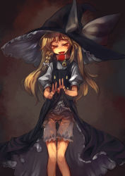 Rule 34 | 1girl, bell, black dress, blonde hair, bloomers, braid, clothes lift, collar, dress, dress lift, female focus, hat, kirisame marisa, long hair, md5 mismatch, neck bell, open mouth, panties, pee, peeing, peeing self, red eyes, resolution mismatch, smile, solo, source larger, touhou, ukyo rst, underwear, wet, wet clothes, wet panties, witch hat