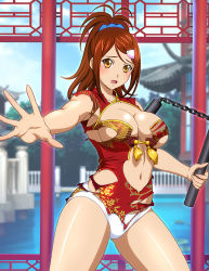 Rule 34 | 1girl, bachou mouki, blush, breasts, brown hair, cleavage, hair ornament, holding, holding weapon, ikkitousen, open mouth, panties, tagme, torn clothes, underwear, weapon, white panties, yellow eyes
