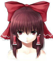 Rule 34 | 1girl, bad id, bad pixiv id, bare shoulders, bow, brown hair, frown, hair bow, hair tubes, hakurei reimu, highres, looking at viewer, red eyes, short hair, sidelocks, simple background, solo, sudako (dai011305), touhou, upper body, white background