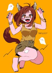 Rule 34 | 1girl, :d, absurdres, animal ears, anna (aannnaa3), bandaid, bandaid on face, bandaid on nose, black nails, blush, boku no hero academia, bracelet, brown eyes, brown hair, brown skirt, brown tank top, claw pose, feet up, full body, ghost, hands up, highres, jewelry, medium hair, open mouth, skirt, smile, solo, tail, tank top, uraraka ochako, wolf ears, wolf girl, wolf tail