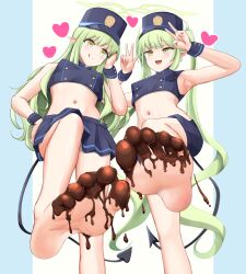 2girls :q barefoot blue_archive blush chocolate demon_tail feet green_hair hat highres hikari_(blue_archive) kagura0 long_hair looking_at_viewer multiple_girls nozomi_(blue_archive) open_mouth pointy_ears soles tail toes tongue tongue_out twintails v yellow_eyes