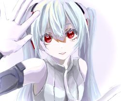 Rule 34 | 1girl, aqua hair, bare shoulders, black sleeves, commentary, detached sleeves, grey shirt, hair between eyes, hair ornament, hand up, hatsune miku, hatsune miku (append), headphones, highres, light smile, lips, long hair, looking at viewer, moko39 takasora, parted lips, red eyes, shirt, solo, twintails, upper body, very long hair, vocaloid, vocaloid append, waving