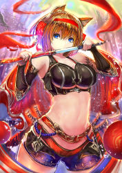 Rule 34 | 1girl, bad id, bad pixiv id, blue eyes, breasts, brown hair, cleavage, detached sleeves, enj!, hairband, holding, holding sword, holding weapon, large breasts, long sleeves, looking at viewer, navel, original, red hairband, short hair, shorts, solo, sword, weapon