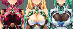 Rule 34 | 3girls, armor, bare shoulders, blonde hair, blush, bodysuit, breastplate, breasts, breasts apart, character name, cleavage, cleavage cutout, clothes writing, clothing cutout, collarbone, detached sleeves, earrings, ereraero, facing viewer, female focus, glowing, grey background, head out of frame, highres, impossible bodysuit, impossible clothes, jewelry, large breasts, lips, long hair, multiple girls, multiple persona, mythra (xenoblade), nintendo, pneuma (xenoblade), ponytail, pyra (xenoblade), red bodysuit, red hair, short hair, shoulder armor, shoulder pads, sidelocks, simple background, skin tight, smile, spoilers, straight hair, upper body, xenoblade chronicles (series), xenoblade chronicles 2