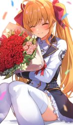 Rule 34 | 1girl, ahoge, blonde hair, blush, bouquet, bow, bowtie, closed eyes, closed mouth, commentary request, confetti, flower, frilled skirt, frills, hair bow, hair intakes, hair ornament, holding, holding bouquet, holding flower, jacket, kakutasu, nijisanji, rose, school uniform, simple background, sitting, skirt, smile, solo, takamiya rion, thighhighs, twintails, virtual youtuber, white background, white bow, white bowtie, white jacket, white thighhighs