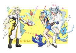 Rule 34 | 3girls, asymmetrical gloves, barefoot, black footwear, black gloves, blank eyes, blue eyes, blush, blush stickers, border, colored eyelashes, creatures (company), electric miku (project voltage), flying miku (project voltage), from side, game freak, gen 3 pokemon, gen 4 pokemon, gen 7 pokemon, gloves, grey hair, grin, hair over eyes, happy, hatsune miku, heart, heart-shaped eyes, jumpsuit, kokorori-p, long hair, magician, mismatched gloves, multicolored hair, multiple girls, multiple persona, nintendo, open mouth, poke ball, pokemon, pokemon (creature), popplio, project voltage, red gloves, rotom, rotom (normal), see-through, see-through shorts, see-through sleeves, shorts under shorts, smile, split-color hair, surprised, swablu, sweatdrop, tan, tanline, teeth, translation request, twintails, ultra ball, upper teeth only, very long hair, visor cap, vocaloid, waist poke ball, water miku (project voltage), white border, white jumpsuit, zipper pull tab