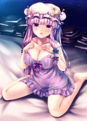 Rule 34 | 1girl, alternate costume, babydoll, bad id, bad pixiv id, bare arms, bare legs, barefoot, blush, book, book stack, breasts, cleavage, collarbone, covered erect nipples, crescent, crescent hair ornament, double bun, hair bun, hair ornament, hair ribbon, hands on own chest, hat, highres, lace, lace-trimmed panties, lace trim, large breasts, lingerie, long hair, looking at viewer, mob cap, on bed, open mouth, panties, parted lips, patchouli knowledge, pink hat, purple eyes, purple hair, purple panties, ribbon, sakatsu ohane, see-through, sidelocks, sitting, sky, solo, star (sky), starry sky, touhou, tress ribbon, underwear, underwear only, very long hair, wariza