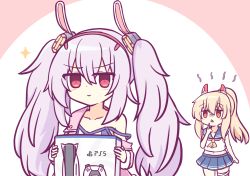 Rule 34 | 2girls, animal ears, ayanami (azur lane), azur lane, box, carrying, collarbone, commentary, controller, dualsense, eyes visible through hair, fake animal ears, finger to mouth, game console, game controller, hairband, headgear, highres, jacket, jealous, kashimu, laffey (azur lane), long hair, looking at another, looking at viewer, midriff, multiple girls, navel, orange eyes, parted lips, platinum blonde hair, playstation 5, playstation controller, pleated skirt, ponytail, rabbit ears, red eyes, school uniform, serafuku, silver hair, simple background, skirt, smug, sparkle, triangle mouth, two-tone background, v-shaped eyebrows