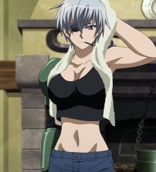 Rule 34 | 10s, 1girl, akame ga kill!, breasts, cigarette, eyepatch, highres, large breasts, najenda, navel, purple eyes, shorts, solo, standing, stitched, third-party edit, towel, white hair