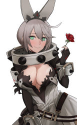 Rule 34 | 1girl, aqua eyes, black gloves, blush, breasts, cleavage, closed mouth, commentary, dress, elphelt valentine, fingerless gloves, flower, girls&#039; frontline, gloves, grey hair, guilty gear, guilty gear xrd, highres, holding, holding flower, la13, lips, looking at viewer, mechanical ears, medium breasts, red flower, red rose, rose, short hair, smile, solo, torn clothes, upper body, wedding dress, white background, white dress