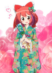 Rule 34 | 1girl, blush, bow, brown eyes, dragon, floral print, flower, furisode, hagoita, hair bow, hair ornament, heart, highres, hishi (pattern), japanese clothes, kimono, massala, new year, obi, open mouth, original, paddle, pink flower, pink rose, red hair, rose, sash, short hair, smile, solo