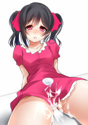 Rule 34 | 10s, 1girl, arm support, black hair, blush, looking at viewer, love live!, love live! school idol festival, love live! school idol project, medium hair, panties, pantyshot, parted lips, pink panties, red disappointment, red eyes, sexually suggestive, sitting, solo, suggestive fluid, twintails, underwear, yazawa nico