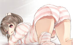 Rule 34 | 1girl, :d, ass, ass focus, blush, bow, brown hair, commentary request, eyelashes, from behind, gluteal fold, hair bow, highres, hori yuuko, idolmaster, idolmaster cinderella girls, long sleeves, looking at viewer, looking back, medium hair, no shoes, open mouth, presenting, ringed eyes, short ponytail, short shorts, shorts, smile, solo, sora (silent square), striped, striped clothes, striped shorts, swept bangs, thick eyebrows, thighs, top-down bottom-up, upshorts