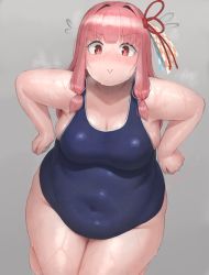 Rule 34 | 1girl, belly, blush, breasts, embarrassed, fat, hair ribbon, highres, kotonoha akane, large breasts, looking at viewer, one-piece swimsuit, oruka (kamituki0827), pink hair, plump, red eyes, ribbon, solo, swimsuit