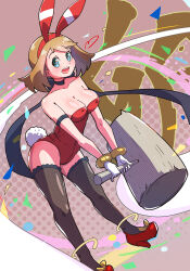 Rule 34 | 1girl, animal ears, armlet, bare shoulders, black bow, blue eyes, bow, bow choker, breasts, brown hair, chinese zodiac, cleavage, collarbone, creatures (company), fake animal ears, fake tail, game freak, gloves, high heels, holding, holding mallet, leotard, looking at viewer, mallet, masamu (leonore69), may (pokemon), medium breasts, nintendo, open mouth, playboy bunny, pokemon, pokemon oras, rabbit ears, rabbit tail, red footwear, red leotard, solo, tail, thighhighs, white gloves, year of the rabbit