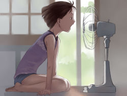 Rule 34 | 1girl, backlighting, barefoot, brown eyes, brown hair, commentary request, day, electric fan, fan speaking, fanning face, from side, full body, highres, hot, indoors, kneeling, muted color, open mouth, original, profile, shade, shirt, short hair, short shorts, shorts, sleeveless, sleeveless shirt, solo, summer, takamichi