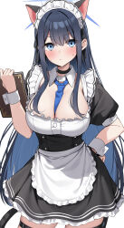 Rule 34 | 1girl, absurdres, alternate costume, animal ears, apron, black choker, black dress, black hair, blue archive, blue eyes, blush, breasts, cat ears, cat tail, choker, cleavage, closed mouth, cowboy shot, dress, enmaided, hair between eyes, highres, large breasts, long hair, maid, maid apron, maid headdress, puffy short sleeves, puffy sleeves, saori (blue archive), short sleeves, simple background, solo, suiroh (shideoukami), tail, waist apron, white apron, white background, wrist cuffs