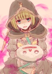 Rule 34 | 1girl, :d, beige background, cape, dress, food, green cape, green dress, green eyes, green hair, gretel (sinoalice), hair between eyes, holding, holding food, long sleeves, looking at viewer, open mouth, pie, shaded face, short hair, simple background, sinoalice, smile, solo, teroru