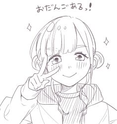Rule 34 | 1girl, arashi chisato, blush, closed mouth, commentary request, double bun, greyscale, hair bun, highres, hood, hood down, kashikaze, lineart, long sleeves, looking at viewer, love live!, love live! superstar!!, medium hair, misaki nako, monochrome, real life, simple background, sleeves past wrists, solo, sparkle, translation request, upper body, v, v over eye, voice actor, voice actor connection