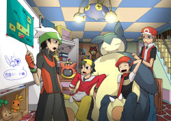 Rule 34 | 00s, 1990s (style), 4boys, alternate costume, annotated, baseball cap, beret, black hair, blue eyes, blush, bonsly, bookshelf, box, brendan (pokemon), brown eyes, brown hair, cameo, chinchou, clock, confused, creatures (company), denim, diagram, drapion, drifblim, electivire, ethan (pokemon), fingerless gloves, flygon, game freak, gen 1 pokemon, gen 2 pokemon, gen 3 pokemon, gen 4 pokemon, gloves, hat, heracross, hood, hoodie, hoothoot, jacket, jeans, lamp, laughing, lucario, lucas (pokemon), luvdisc, magyo, male focus, map, mudkip, multiple boys, nintendo, objectification, open mouth, pants, pikachu, pointing, poke ball, pokemon, pokemon (creature), pokemon dppt, pokemon frlg, pokemon gsc, pokemon rse, popped collar, poster (medium), poster (object), premier ball, rapidash, red (pokemon), red (pokemon frlg), retro artstyle, room, scarf, scizor, short hair, short sleeves, sitting, skitty, snorlax, stairs, stuffed animal, stuffed toy, television, themed object, torchic, translation request, watch, weavile, whiteboard, wristband, wristwatch