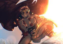 Rule 34 | 1boy, ainu clothes, animal ears, backlighting, bara, bulge, chest hair, clenched teeth, clothes lift, dagger, dr whiger, foot out of frame, furry, furry male, grey fur, highres, holding, holding dagger, holding knife, holding weapon, horkeu kamui, jacket, jacket on shoulders, knife, large pectorals, male focus, muscular, muscular male, pectorals, pelvic curtain, pelvic curtain lift, solo, squatting, sun, sunlight, teeth, tokyo houkago summoners, two-tone fur, weapon, white fur, wind, wolf boy, wolf ears