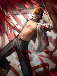 Rule 34 | 1boy, absurdres, ao desu2222, blood, blood on clothes, blood spray, chainsaw, chainsaw man, denji (chainsaw man), highres, hybrid, open clothes, open mouth, sharp teeth, sleeves rolled up, solo, teeth, tongue, tongue out, white background