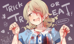Rule 34 | 2girls, ambiguous red liquid, animal print, blue dress, buttons, cat print, claw pose, collar, dress, drill hair, english text, frilled dress, frills, ghost, hair over one eye, halloween, hands up, holding, holding paintbrush, idolmaster, idolmaster cinderella girls, jack-o&#039;-lantern print, light brown hair, looking away, medium hair, morikubo nono, multiple girls, open mouth, paintbrush, puffy short sleeves, puffy sleeves, purple background, romaji text, shirasaka koume, short sleeves, sleeves past wrists, speech bubble, stained clothes, sweat, trick or treat, uccow, upper body, white collar, yellow eyes