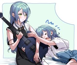 Rule 34 | &gt; &lt;, 2girls, aqua hair, bang dream!, black dress, blush, border, bow, braid, closed mouth, collared dress, commentary, cowboy shot, dress, green eyes, guitar, hair between eyes, hair bow, hikawa hina, hikawa sayo, holding, holding instrument, hood, hoodie, instrument, jewelry, long hair, looking at another, medium hair, multiple girls, necklace, open mouth, short sleeves, siblings, sidelocks, sisters, sitting, twin braids, twins, two-tone dress, white border, white dress, white hoodie, yellow bow, zihacheol