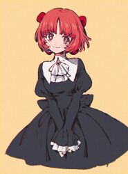 Rule 34 | 1girl, aged up, ascot, black dress, black jack (series), blush, bob cut, bow, brooch, closed mouth, cropped torso, dress, hair bow, jewelry, juliet sleeves, long sleeves, looking at viewer, m:, own hands together, pinoko, puffy sleeves, red bow, red eyes, red hair, simple background, sleeves past wrists, smile, solo, v arms, white ascot, wide sleeves, yellow background