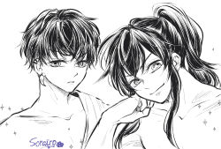 Rule 34 | 1boy, alternate hair length, alternate hairstyle, bare shoulders, collarbone, commentary request, earrings, hand up, hashibira inosuke, head rest, head tilt, highres, jewelry, kimetsu no yaiba, long hair, looking at viewer, male focus, monochrome, multiple views, off shoulder, parted lips, ponytail, portrait, short hair, sidelocks, signature, simple background, sky blue 025250, sparkle, tooth earrings