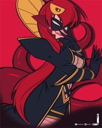 Rule 34 | 1girl, artist name, black coat, black gloves, breasts, clothing cutout, coat, cowboy shot, fang, fang out, gloves, grin, hair between eyes, hair ornament, highres, lamia, lipstick, loen, long coat, long hair, looking at viewer, makeup, mask, medium breasts, miia (monster musume), monster girl, monster musume no iru nichijou, navel, navel cutout, official alternate costume, open clothes, pointy ears, red background, red hair, red lips, scales, smile, solo, tail