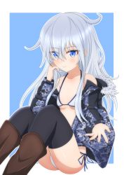 Rule 34 | 1girl, bell shireikan, bikini, black thighhighs, blue eyes, blue ribbon, blush, border, breasts, brown footwear, cleavage, closed mouth, clothes down, collarbone, hair between eyes, hibiki (kancolle), highres, jacket, kantai collection, long hair, long sleeves, open clothes, open jacket, outline, reaching, reaching towards viewer, ribbon, side-tie bikini bottom, silver hair, sitting, small breasts, smile, solo, swimsuit, thighhighs, underboob, verniy (kancolle), very long hair, white bikini, white border