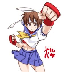 Rule 34 | 1girl, blue sailor collar, blue skirt, brown eyes, brown hair, clenched hands, commentary request, crop top, fingerless gloves, gloves, hanzo (2929), headband, kasugano sakura, lowres, midriff, navel, neckerchief, outstretched arm, pleated skirt, sailor collar, school uniform, serafuku, short hair, skirt, solo, sports bra, street fighter, sweat, v-shaped eyebrows, white background, wind, wind lift, yellow neckerchief