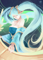 Rule 34 | 1girl, artist name, blue dress, blue hair, breasts, cleavage, dress, female focus, highres, instrument, large breasts, league of legends, long hair, long sleeves, multicolored hair, nanoless, solo, sona (league of legends), twintails