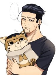 Rule 34 | 1boy, animalization, baby carry, black eyes, black hair, carrying, casual, disdain, facial hair, facial scar, flying sweatdrops, frown, goatee, golden kamuy, hair slicked back, hair strand, highres, looking to the side, male focus, ogata hyakunosuke, ri (ri kaos21), scar, scar on cheek, scar on face, short hair, stitches, stubble, undercut, upper body