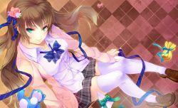 Rule 34 | 1girl, bow, breasts, brown hair, collarbone, female focus, flower, from above, green eyes, hair flower, hair ornament, jacket, loafers, long hair, looking up, matsukawa (pale scarlet), original, plaid, plaid skirt, pleated skirt, school uniform, shoes, sitting, skirt, smile, solo, thighhighs, white thighhighs