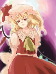 Rule 34 | 1girl, ascot, blonde hair, closed mouth, collarbone, fang, fang out, female focus, flandre scarlet, frills, hat, hat ribbon, looking at viewer, mob cap, nanami sano, puffy short sleeves, puffy sleeves, red eyes, red ribbon, red skirt, ribbon, short sleeves, side ponytail, skirt, skirt set, solo, touhou, vest, wings