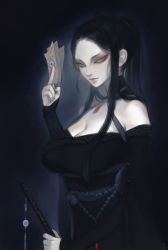 Rule 34 | 1girl, bare shoulders, beads, black hair, blue eyes, breasts, cleavage, commentary, detached sleeves, highres, large breasts, light smile, lips, long hair, nail polish, nat the lich, original, pandora acherona (nat the lich), ponytail, solo
