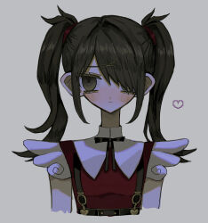 Rule 34 | 1girl, ame-chan (needy girl overdose), black eyes, black hair, black ribbon, chokopi, closed mouth, collar, collared shirt, commentary request, cropped torso, expressionless, grey background, hair ornament, hair over one eye, hair tie, hairclip, heart, highres, long hair, looking at viewer, neck ribbon, needy girl overdose, red shirt, ribbon, shirt, simple background, solo, suspenders, twintails, upper body, white collar, x hair ornament