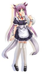 Rule 34 | 1girl, female focus, full body, green eyes, miyai sen, purple hair, shoes, solo, standing, thighhighs, twintails, waitress, white background