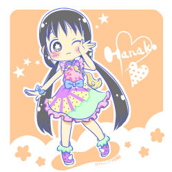 Rule 34 | + +, 10s, 1girl, :3, asobi asobase, black eyes, black hair, blush, boots, bow, bowtie, chibi, dress, flower, frilled dress, frilled sleeves, frills, full body, hand on own face, heart, honda hanako, karin (100100), long hair, low twintails, one eye closed, outstretched arms, ribbon, simple background, solo, star (symbol), twintails, unicorn, very long hair