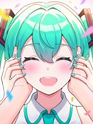Rule 34 | 1girl, 1other, ^ ^, aqua hair, aqua nails, aqua necktie, close-up, closed eyes, collared shirt, dot nose, facing viewer, gradient background, hair between eyes, hair intakes, hair ornament, hand grab, hatsune miku, highres, holding another&#039;s head, light blush, long hair, miku day, necktie, open mouth, shirt, sidelocks, simple background, sleeveless, sleeveless shirt, smile, streamers, teeth, twintails, upper teeth only, uzuki sena, very long hair, vocaloid, white background, white shirt