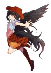 Rule 34 | 1girl, arm up, bare shoulders, black hair, blue dress, boots, breasts, brown dress, brown footwear, brown hat, closed mouth, cowboy hat, dairi, dress, flying, full body, hair between eyes, hand up, hat, highres, horse tail, kurokoma saki, leg up, long hair, looking to the side, medium breasts, multicolored clothes, multicolored dress, off-shoulder dress, off shoulder, orange dress, pink dress, plaid, plaid dress, ponytail, puffy short sleeves, puffy sleeves, red eyes, scarf, shaded face, short sleeves, smile, solo, tail, touhou, white scarf, wings