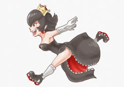 Rule 34 | 1girl, absurdres, aoiumi youtuber, bad id, bad pixiv id, bare shoulders, black dress, black footwear, black hair, breasts, bullet bill, cleavage, crown, dress, earrings, elbow gloves, frilled dress, frills, full body, gloves, highres, jewelry, mario (series), medium breasts, new super mario bros. u deluxe, nintendo, open mouth, pointy ears, red eyes, running, short hair, simple background, solo, super crown, white gloves