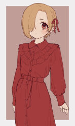 Rule 34 | 1girl, alternate costume, arm at side, belt, blush, border, brown background, buttons, chiyoko (tykchiyo), clenched hand, closed mouth, collared dress, cowboy shot, dress, earclip, earrings, frilled dress, frills, hair over one eye, hair ribbon, heart, heart earrings, highres, idolmaster, idolmaster cinderella girls, jewelry, looking at viewer, piercing, red belt, red dress, red eyes, red ribbon, ribbon, shirasaka koume, solo, swept bangs, white border